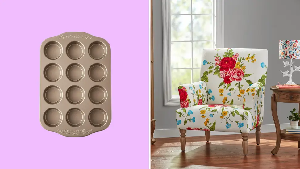 A colorful collage with a muffin pan and a chair from The Pioneer Woman.