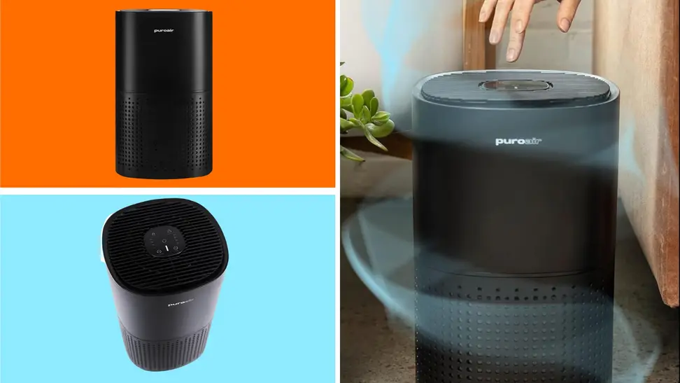 The PuroAir HEPA 14 air purifier in front of various backgrounds,