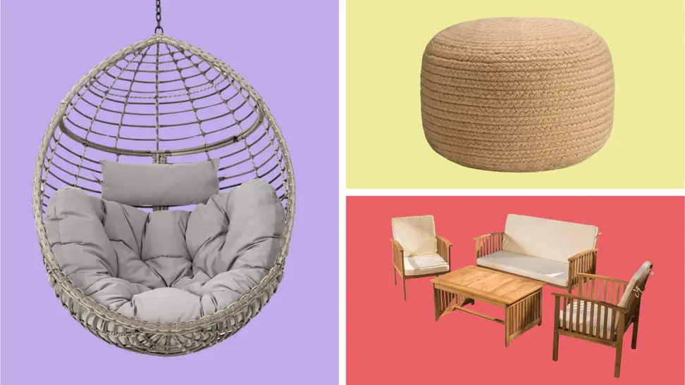 An image of a swinging cocoon porch swing, a rattan pouf, and a four piece patio set with white cushions and wooden chairs, tables, and loveseats.