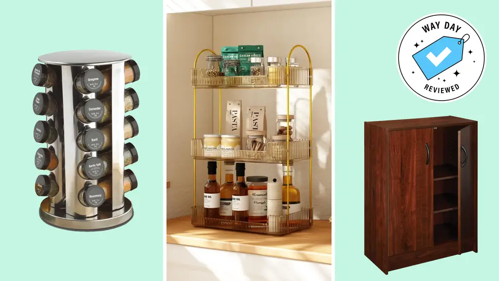 A colorful collage with organizers, a cabinet, and more with a Wayfair badge in the upper right corner.