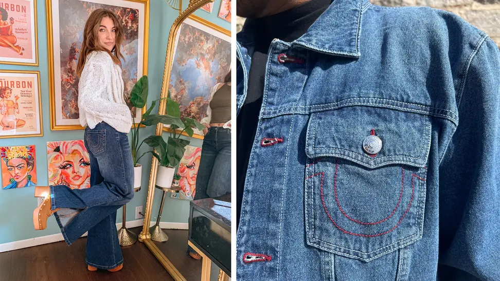 A woman wearing a pair of wide leg jeans standing in front of a mirror with her leg bent, and a close-up shot of a men’s denim jacket front pocket.