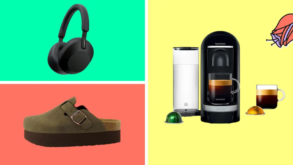 Photo collage of black Sony noise canceling headphones, brown Cushionaire platform clogs and a Nespresso coffee machine.