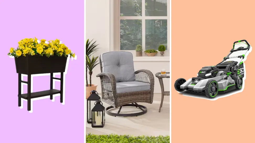A collection of home garden items in front of colored backgrounds.