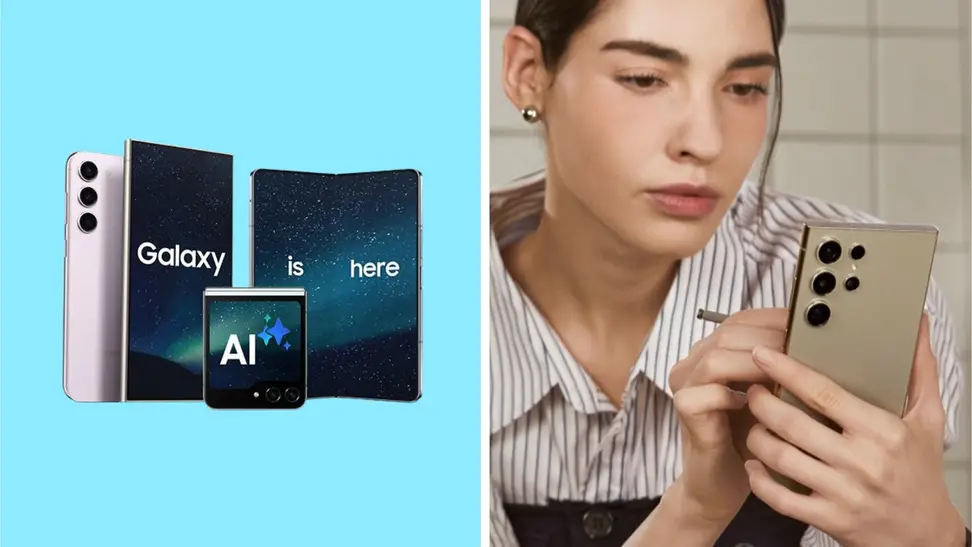 A collection of Samsung Galaxy devices next to someone holding a Samsung Galaxy S24 Ultra smartphone