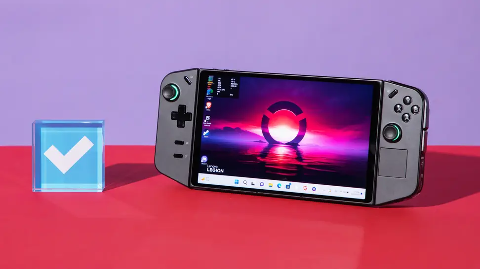 The Lenovo Legion Go 2 next to a Reviewed check mark, on a red and purple background.
