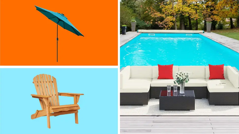 A collage of patio items on sale at Amazon in front of different backgrounds.