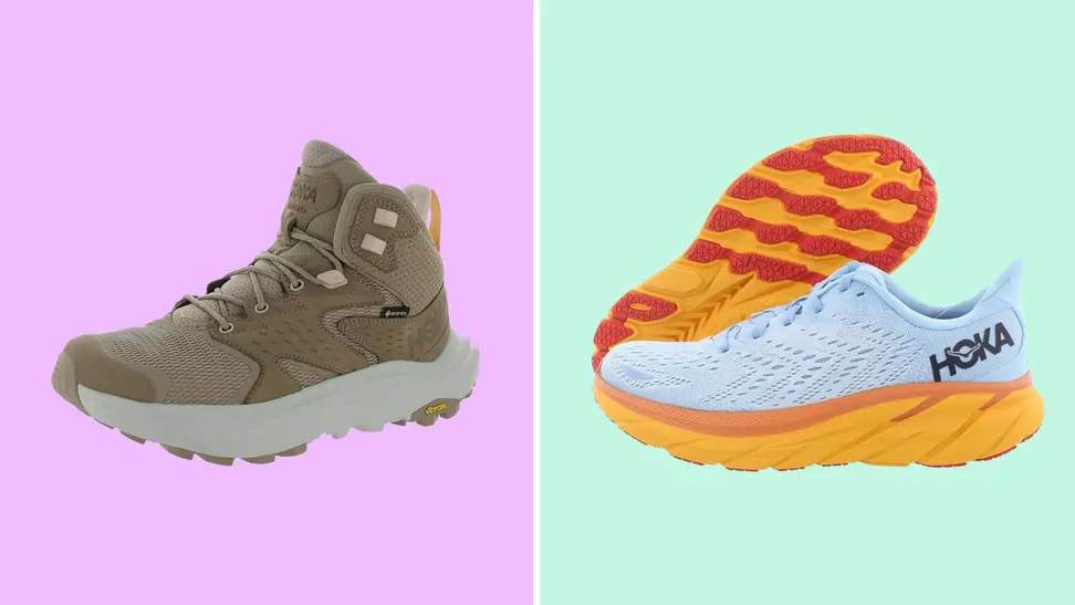 A colorful collage with a pair of Hokas and a Hoka hiking boot.