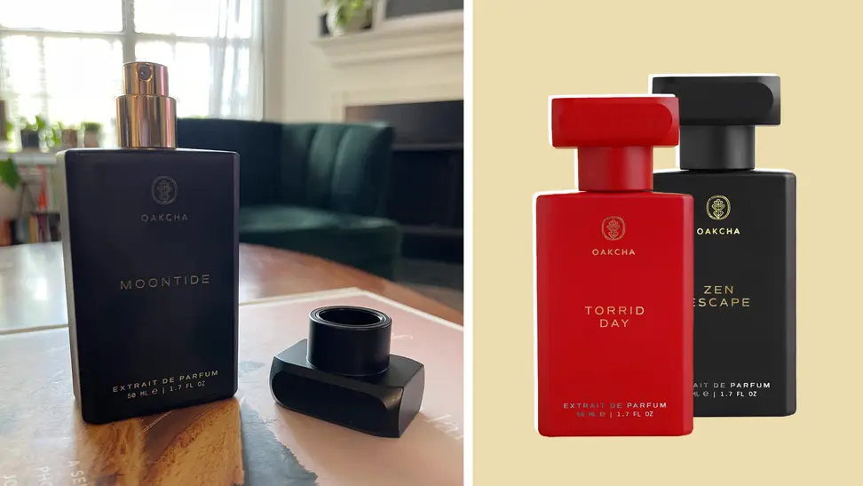 Two bottles of Oakcha perfume, as well as a photograph of one bottle on a tabletop with the lid off.