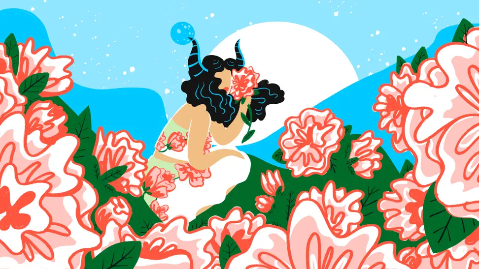 Illustration of a woman wearing a floral printed outfit, surrounded by the same flowers.