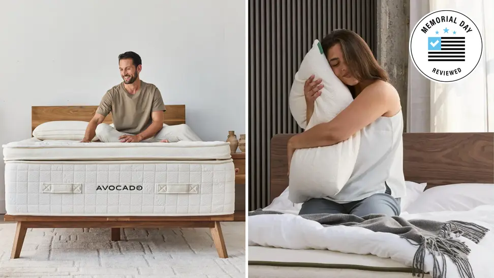 A man on an Avocado mattress and a woman hugging a pillow with a Memorial Day badge in the corner.