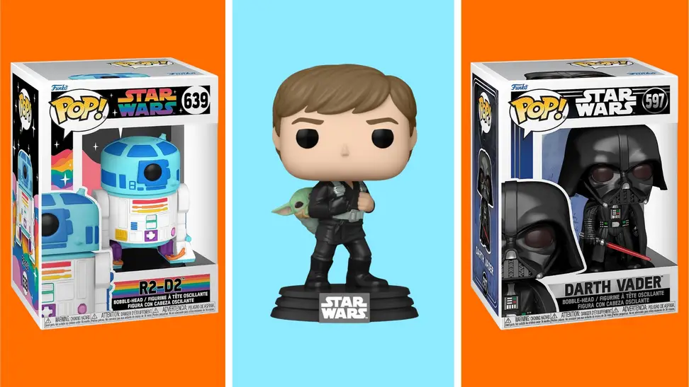 A collection of Star Wars themed Funko Pop! figures in front of colored backgrounds.
