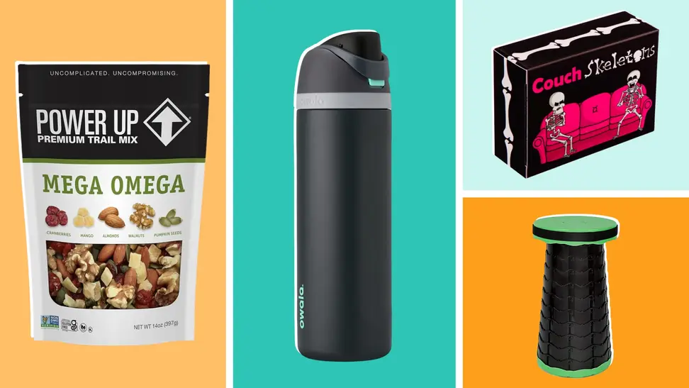 Power Up trail mix next to a Owala water bottle, a Couch Skeleton game, and a stool.