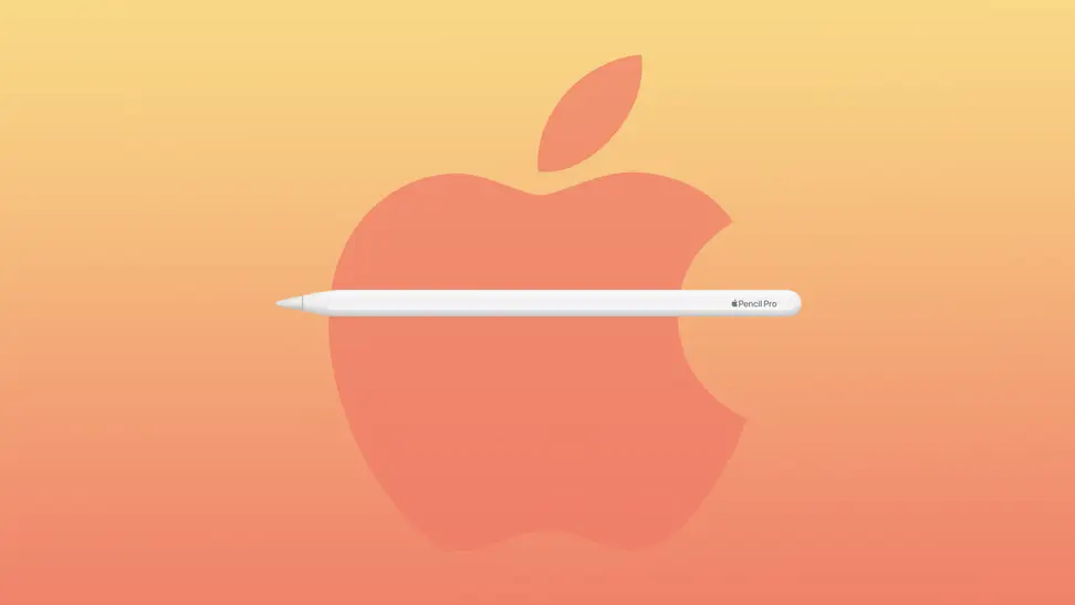 A white Apple Pro Pencil stylus in front of an orange Apple logo on a gradient background.
