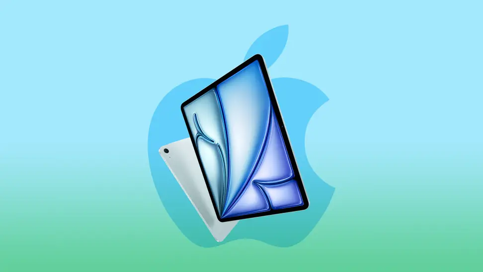 Two of the newest Apple 13-inch iPad Airs on a green and blue gradient background.
