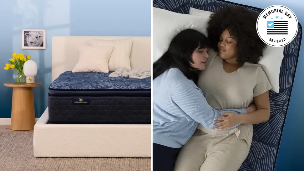 A collage with a Serta mattress and two woman on a Serta mattress.