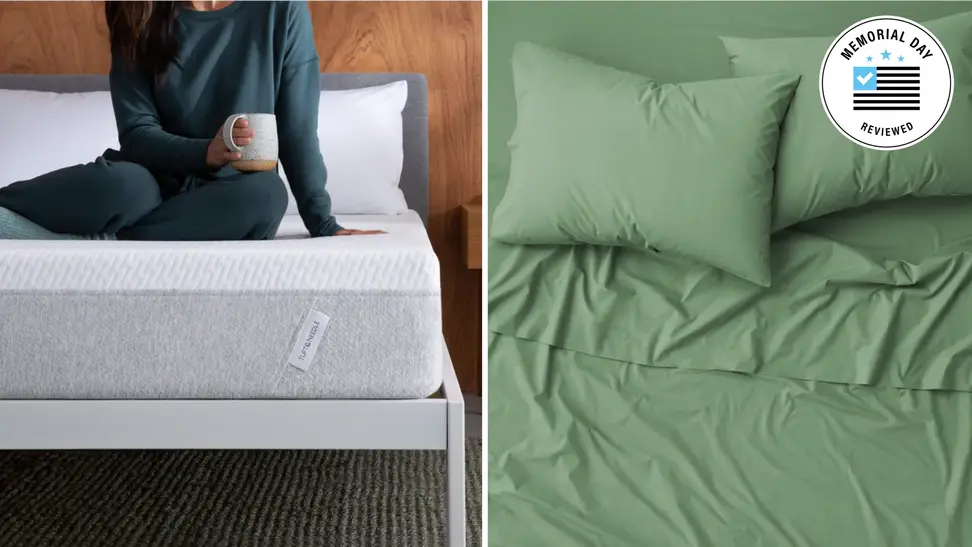 A collage with a person sitting on a Tuft & Needle mattress next to a green bedding set.