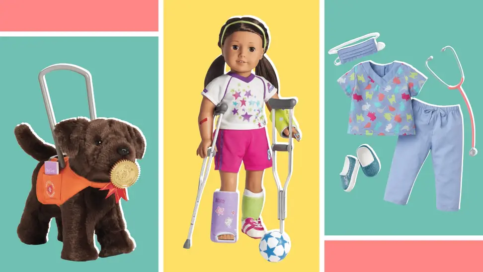 An American Girl doll service dog and an American Girl doll next to a hospital outfit.