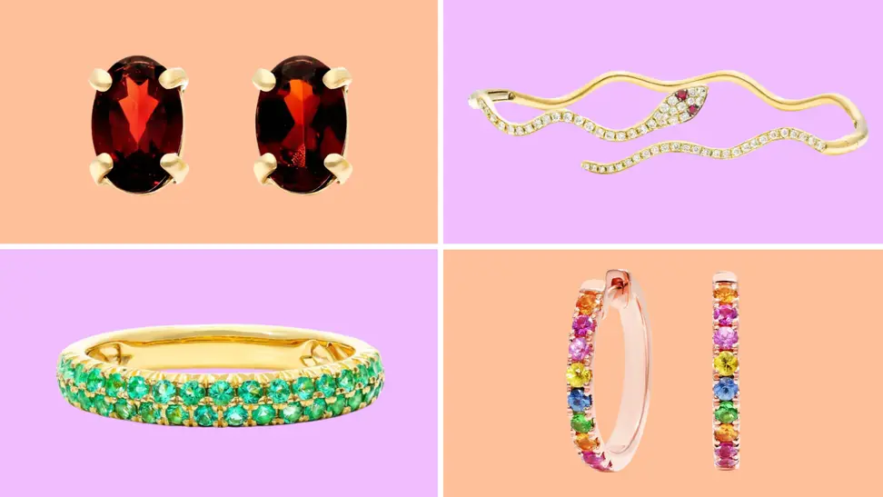 An image of oval garnet post earrings, an emerald and gold ring, a gold and ruby snake bracelet, and multicolored gemstone earrings.