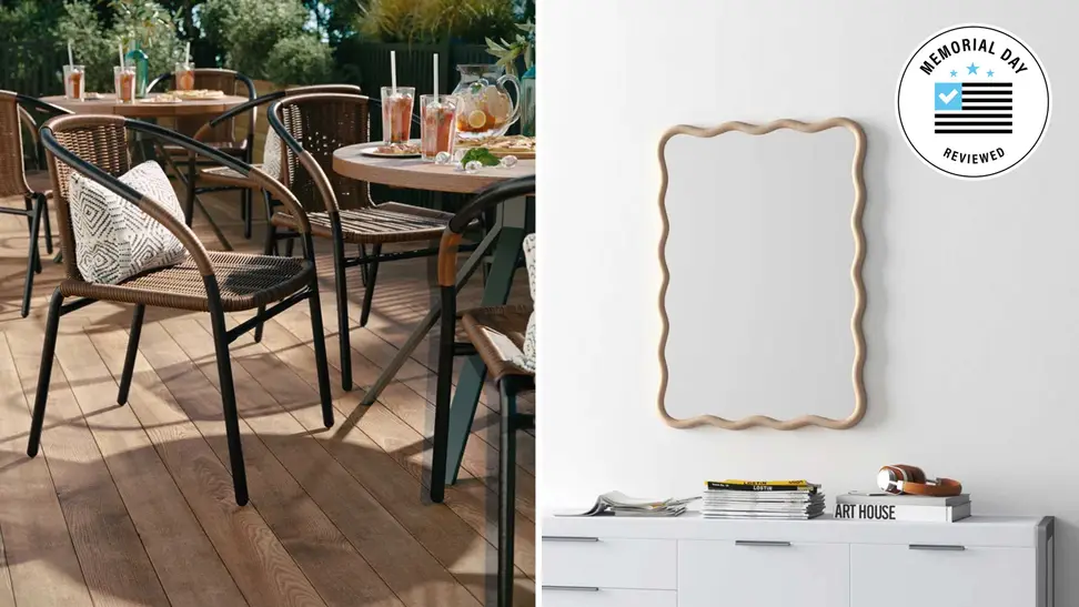 Outdoor rattan chairs and a curved wood mirror at Wayfair