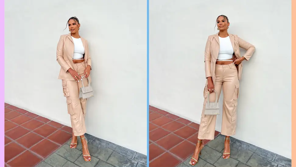Two photos of a woman wearing a beige leather suit with cargo pants, a white shirt, and beige sandals. She holds a small handbag.
