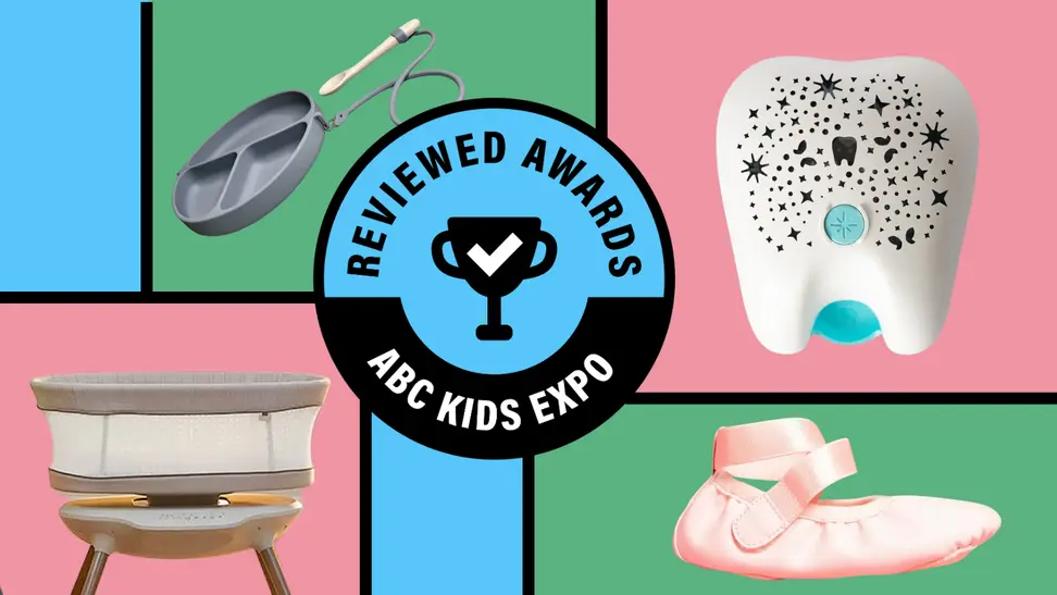 Four products from the ABC Kids Expo on a pink, green, and blue background