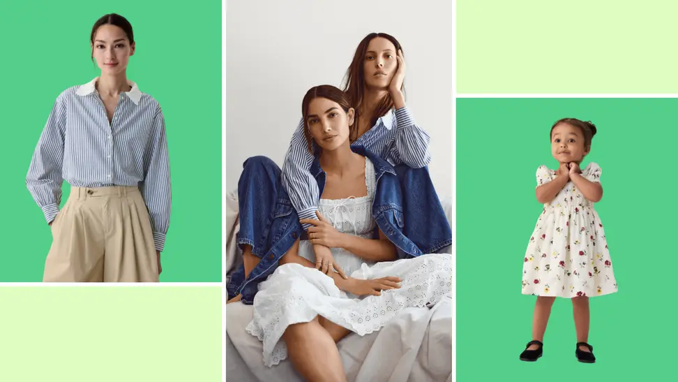 A model wearing a blue striped blouse with a white collar with eyelet details, a toddler wearing a floral print dress, and Lily and Ruby Aldridge wearing items from the Gap x Dôen collection.
