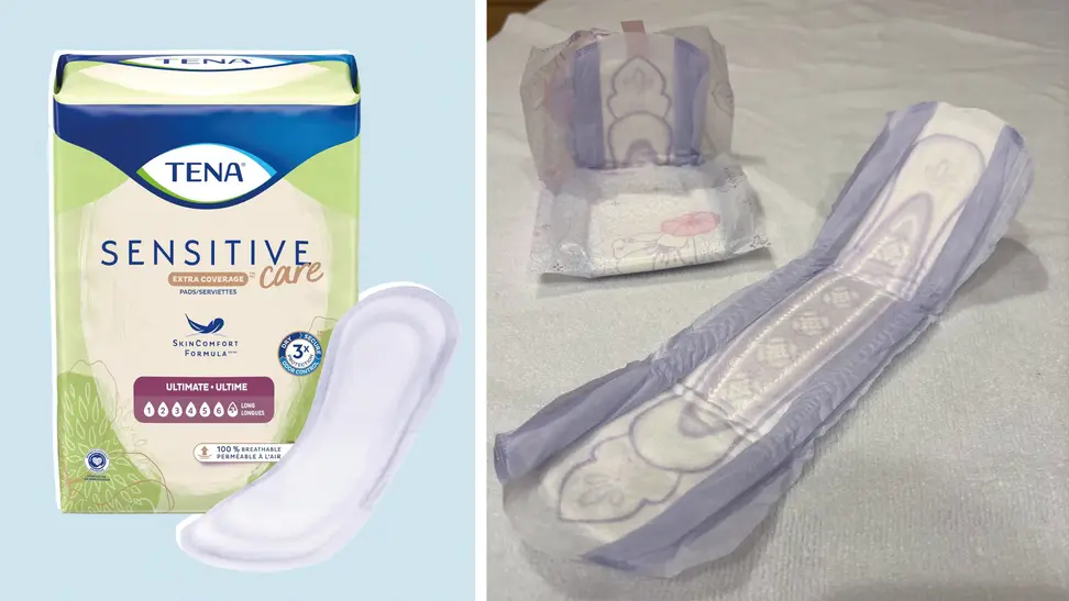 A photo collage of Tena Incontinence Pads, Bladder Control & Postpartum for Women and two opened Always Discreet pads.