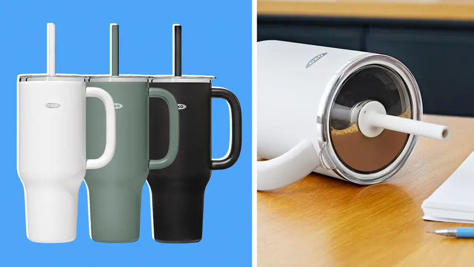 On the left side of the image, there are three white, green, and black, Oxo Strive Tumblers side-by-side on a blue background. On the right, there is a white Oxo Strive Tumbler on its side, showing the top of the tumbler.