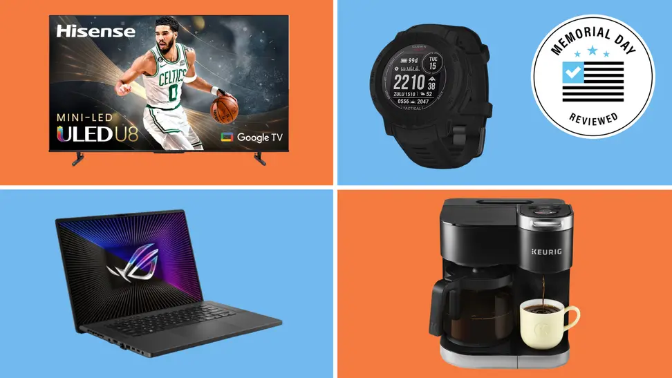 A collage of tech with the Memorial Day Reviewed badge in front of colored backgrounds.