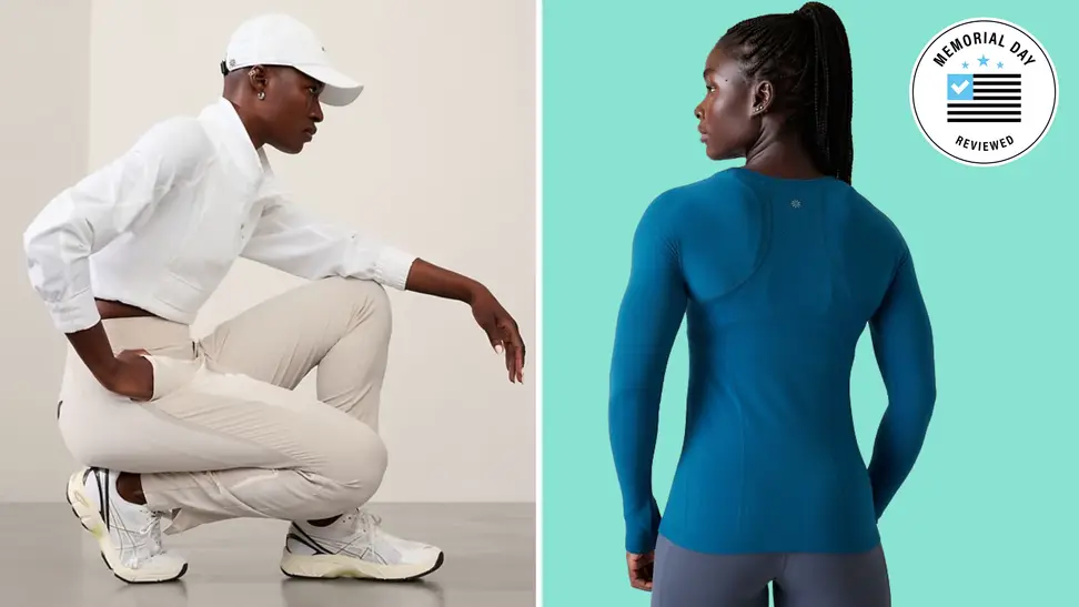 Two models wearing Athleta gear on a Memorial Day background.