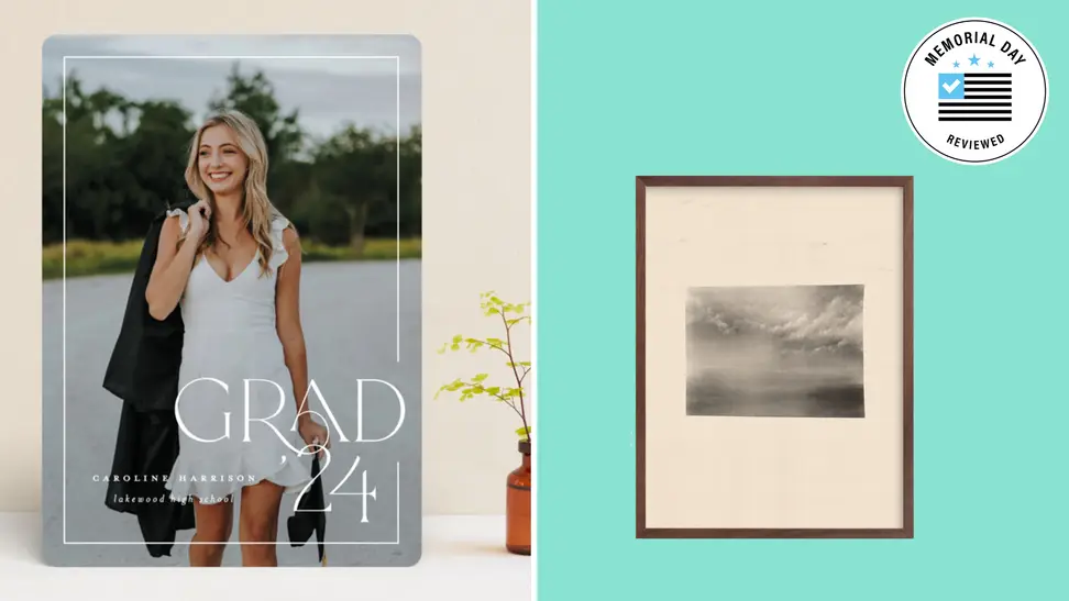 A colorful collage with a piece of wall art, a graduation card, and a Memorial Day badge in the upper right corner.