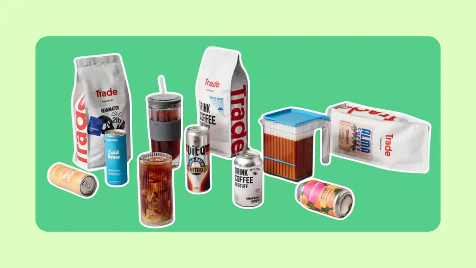 Three Trade Coffee bags next to Trade Coffee drinks in tumblers, containers, cups, and cans.