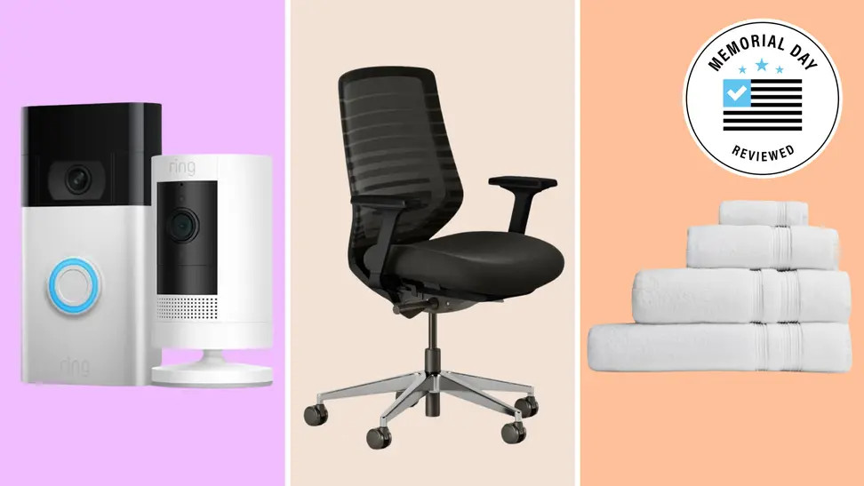 Ring doorbell camera, Branch desk chair, a stack of Parachute bath towels.