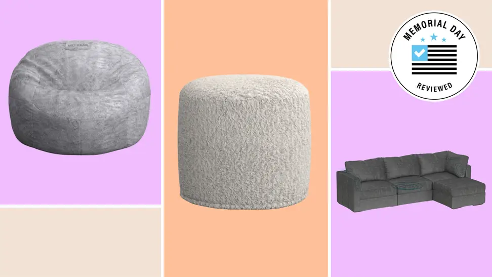 An image of a gray bean bag, a white boucle ottoman, and a gray sectional sofa.
