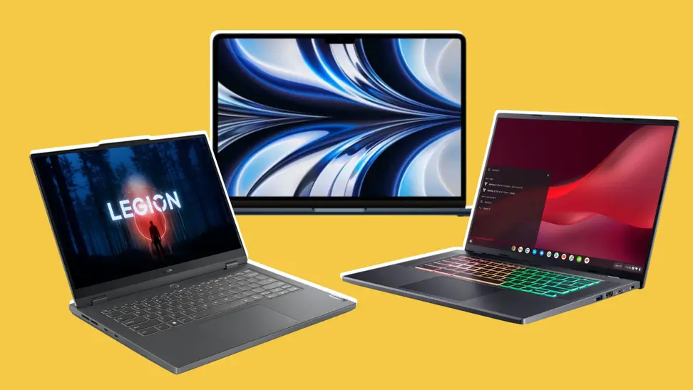 The Lenovo Legion Slim 5, Apple MacBook Air M2, and Acer Chromebook 516 GE on a yellow background.