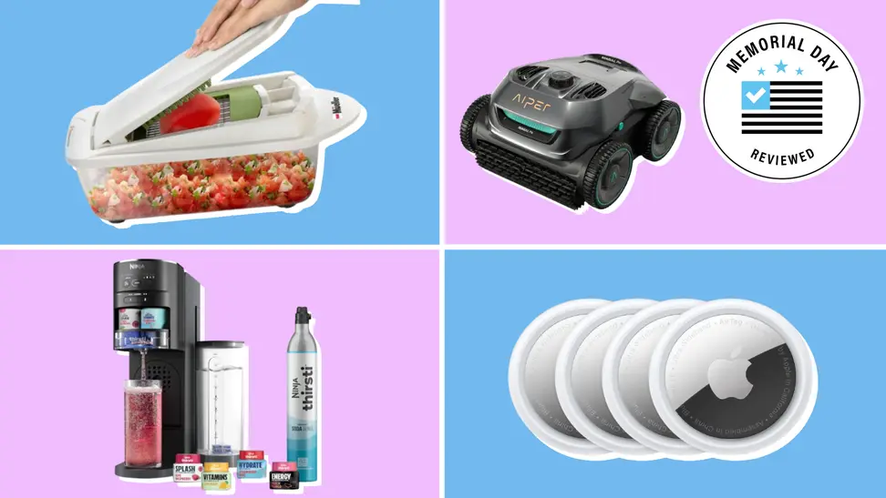 Various products on sale at Amazon with the Memorial Day Reviewed badge in front of colored backgrounds.