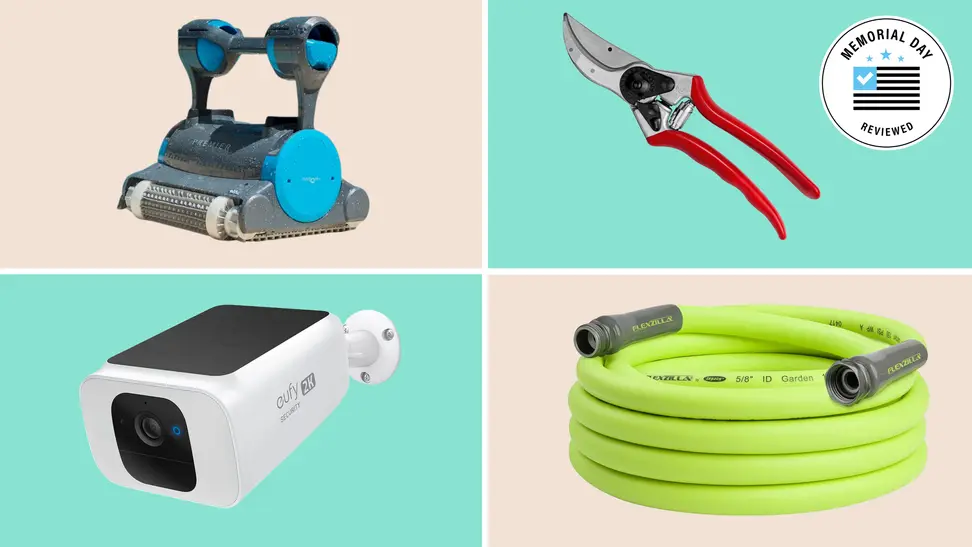 A colorful collage with a hose, outdoor security camera, and more.