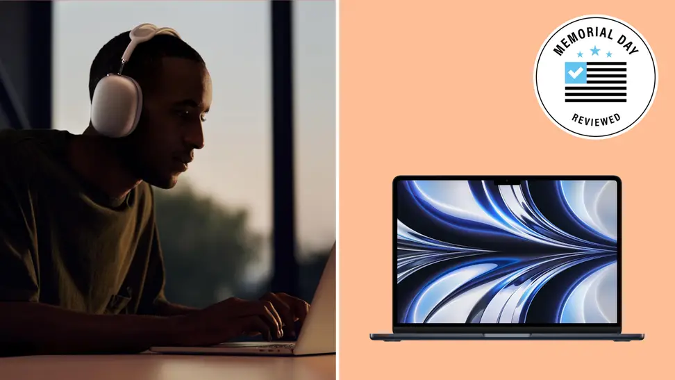 Someone wearing a set of AirPods Max headphones next to a MacBook Air with the Memorial Day Reviewed badge in front of a colored background.