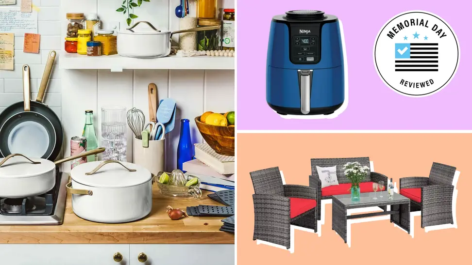 A colorful collage with cookware, a Ninja air fryer, and a patio furniture set with red cushions.