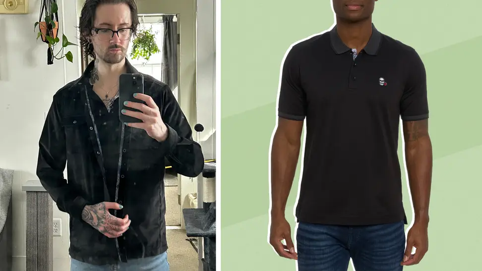 A model wearing a black Robert Graham polo shirt, and a man wearing a black velvet shirt and the same polo.