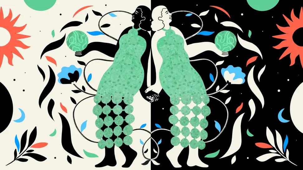 Illustration of two people standing back to back and holding hands.
