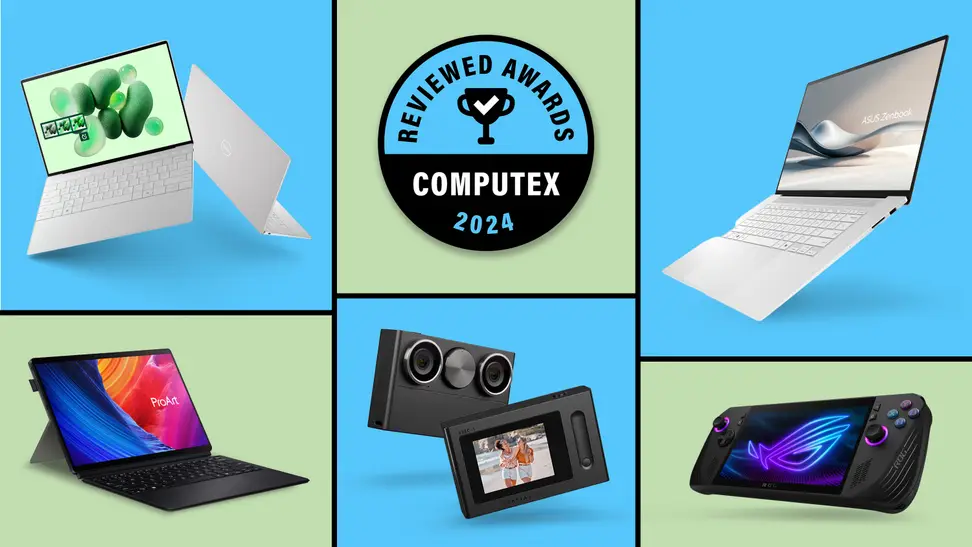 The Dell XPS 13, Asus ROG Ally X, Asus Zenbook S 16, Asus ProArt PZ13, and Acer SpatialLabs Eyes Stereo Camera on a blue and green background with the Reviewed Awards Computex 2024 badge.