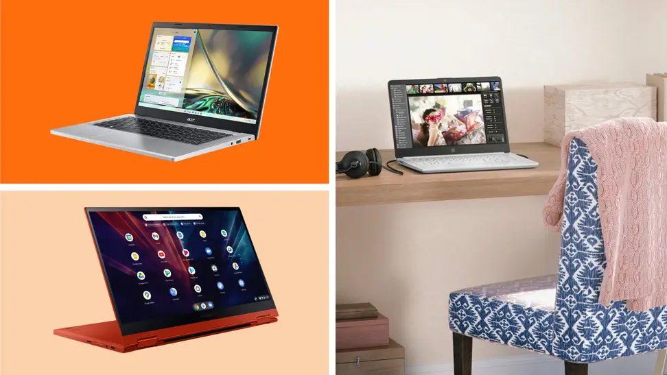 A colorful collage with three laptops.