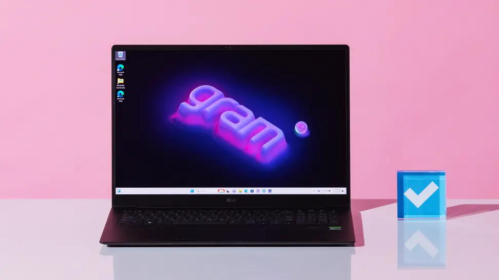 The 2024 LG gram Pro 17 on a pink background.