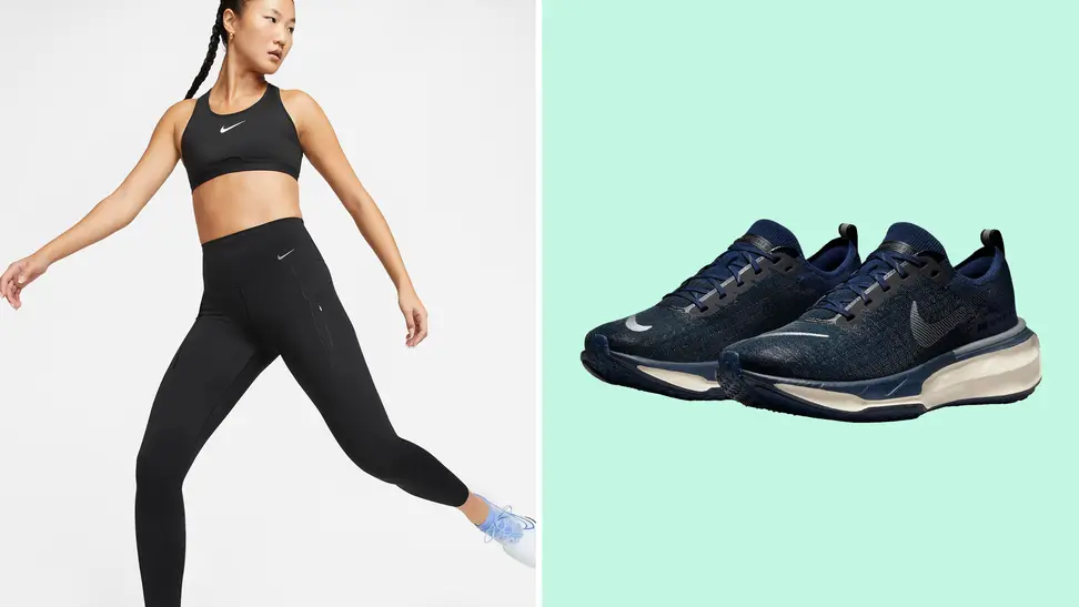 A colorful collage with Nike shoes and a woman modeling leggings.