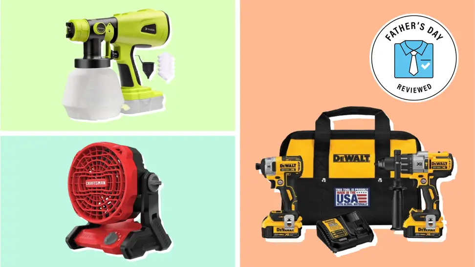 A Father's Day collage with a Ryobi paint sprayer, a set of DeWalt drills, and more.