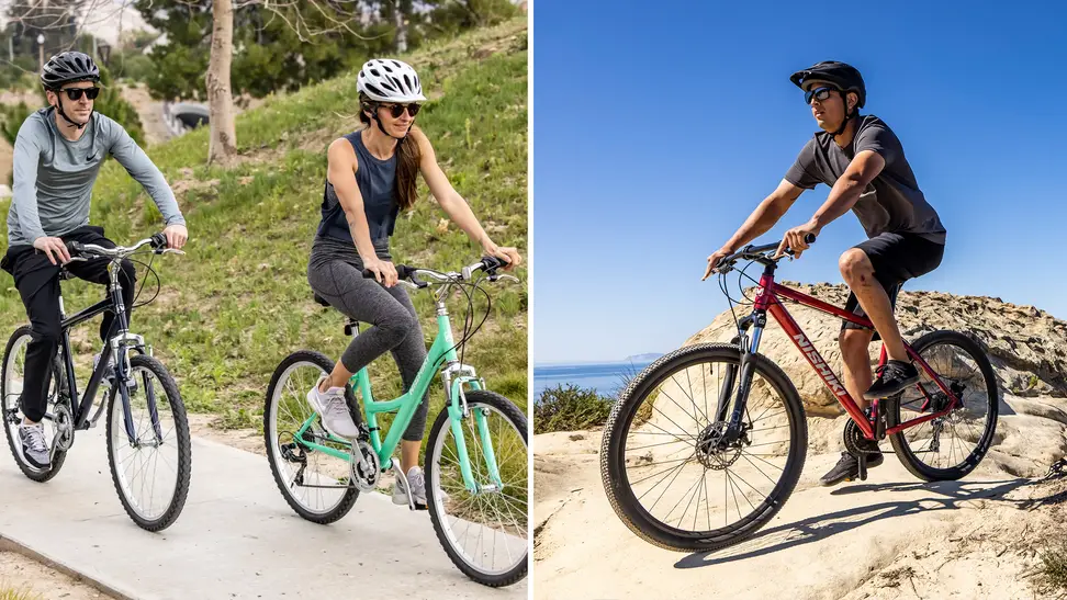 People riding Nishiki bikes on a path and on the beach
