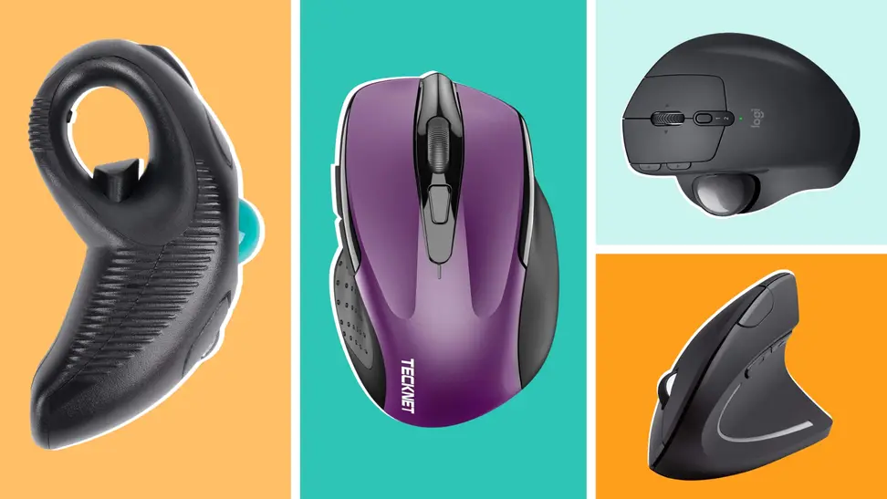 Welspo, Tecknet, Logitech, and  Anker computer mice on orange and teal backgrounds.