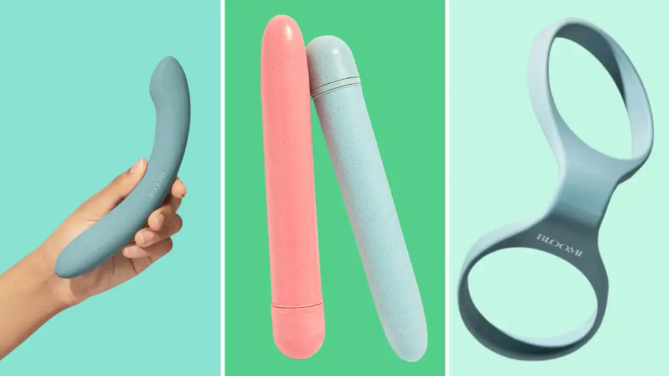 A photo collage of the best eco-friendly toys including the Bloomi Indulge Double-Sided Vibrator, the Gaia Eco wand and the Bloomi Link Flexible Handcuffs on a teal, green and mint green background.