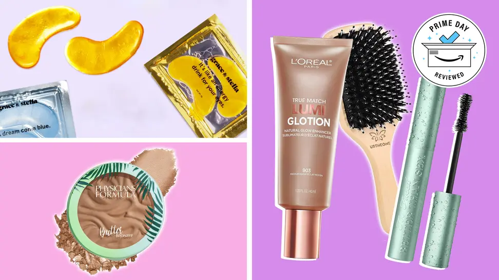 Amazon beauty deals, various beauty products on colorful backgrounds